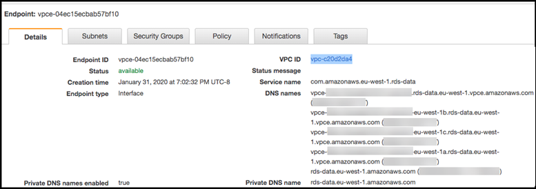 Amazon VPC 엔드포인트 세부 정보에 대한 링크
