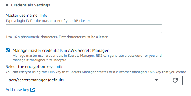 AWS Secrets Manager에서 마스터 보안 인증 정보 관리 선택됨
