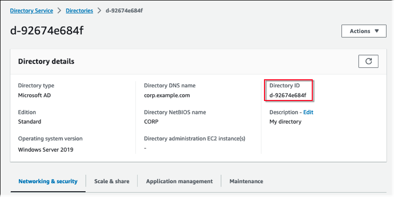 디렉터리 ID가 있는 AWS Directory Service 콘솔의 디렉터리 세부 정보 섹션.