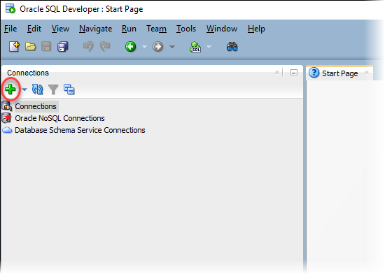 더하기 아이콘이 강조 표시되어 있는 Oracle SQL Developer