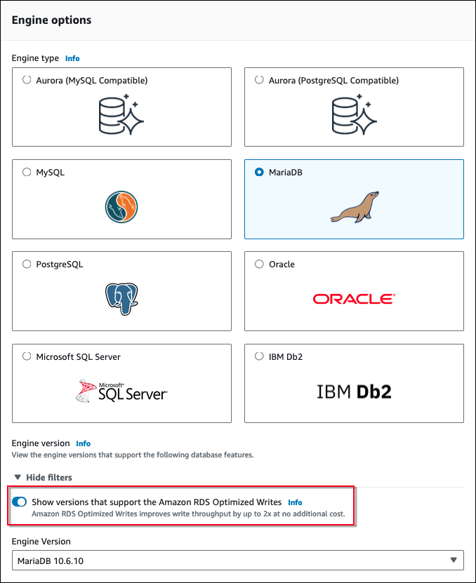 엔진 버전에 대해 Amazon RDS 최적화된 쓰기 필터가 켜져 있는 엔진 옵션 섹션.