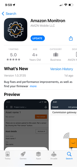 Amazon Monitron app interface showing asset details and commission gateway screens.