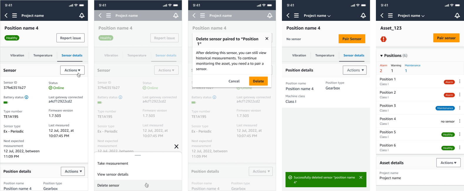 Series of mobile app screens showing sensor management interface with delete and pair options.