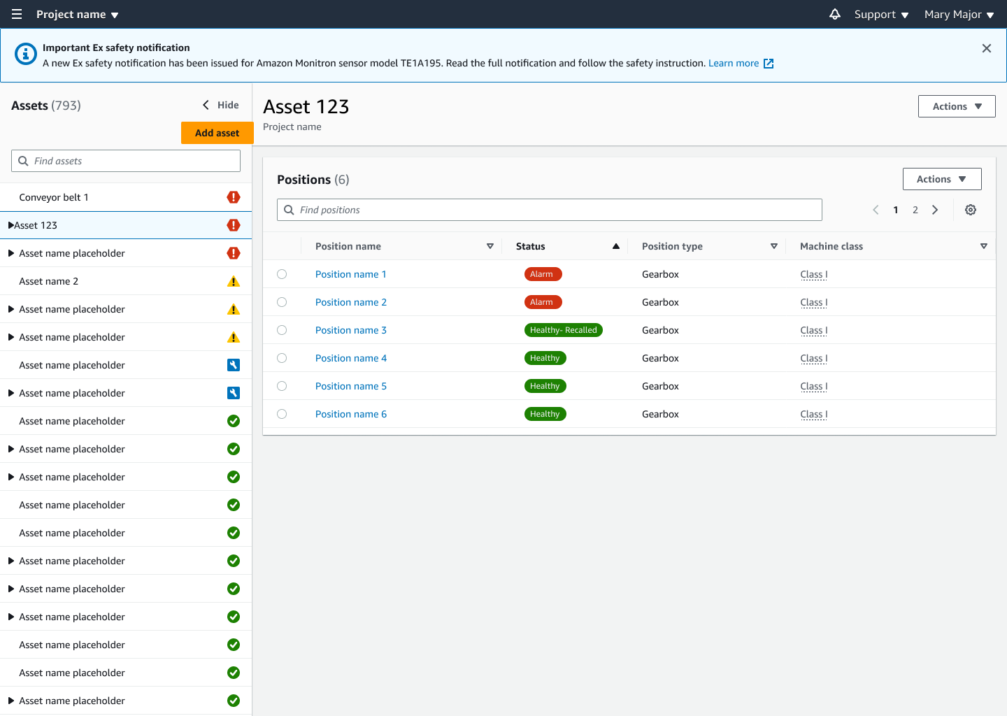 Asset management interface showing positions for Asset 123 with status indicators.