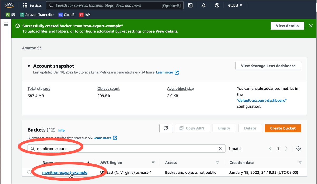 AWS S3 console showing a newly created bucket named "monitron-export-example" in the bucket list.