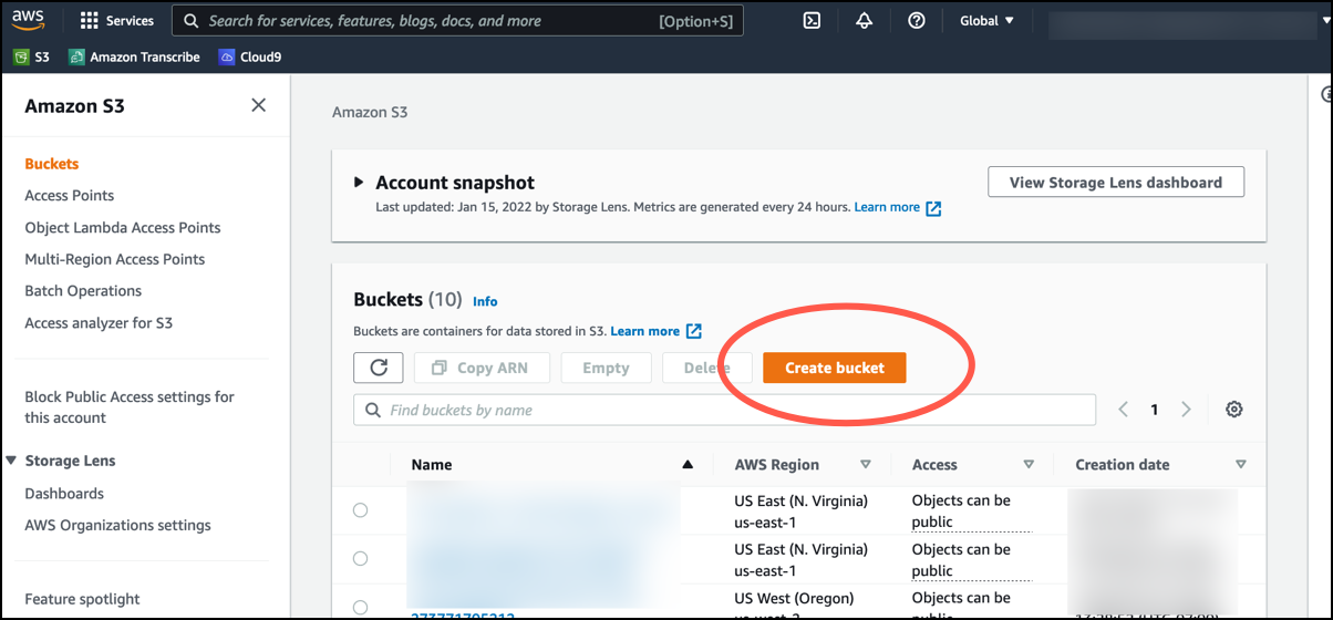 Amazon S3 console interface showing Buckets section with Create bucket button highlighted.