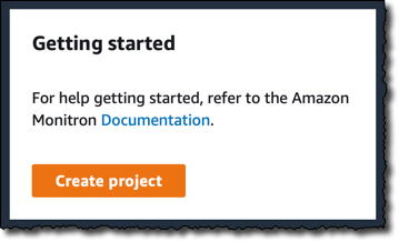 Getting started dialog box with a link to documentation and a Create project button.