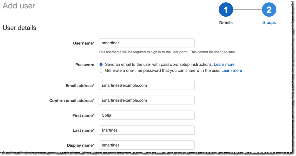 User details form with fields for username, email, name, and password setup option.