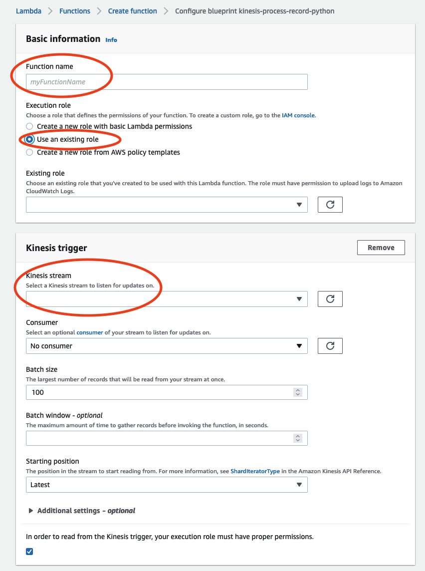 Lambda function configuration form with basic information and Kinesis trigger settings.