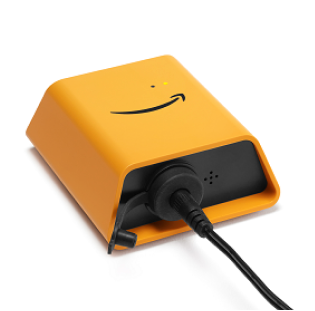 Yellow device with Amazon smile logo and a cable plugged into its side.