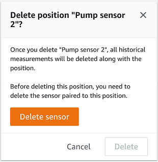 Dialog box for deleting "Pump sensor 2" position with warning and Delete sensor button.