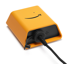 Yellow device with Amazon smile logo and black cable connector for Wi-Fi gateway.