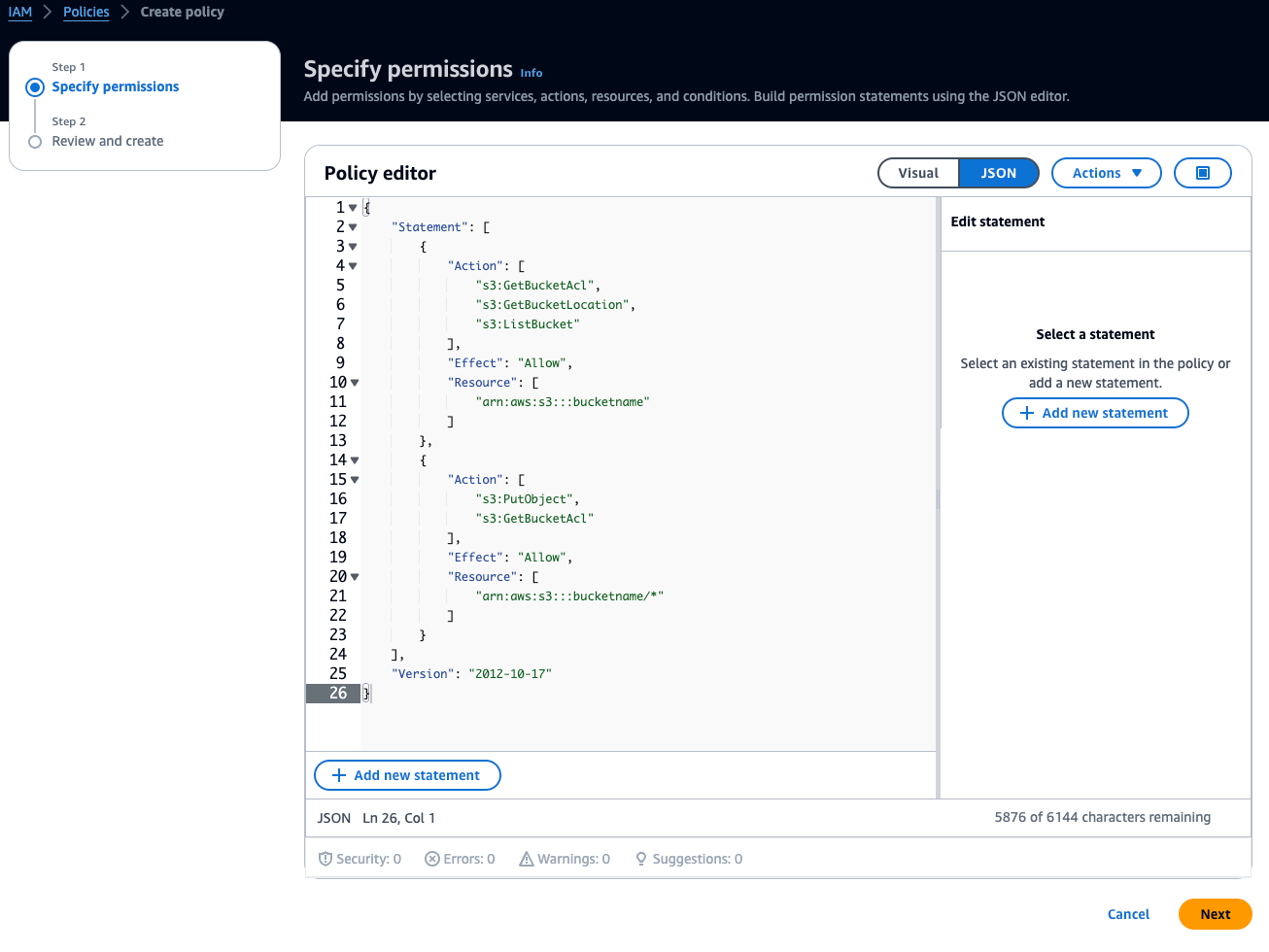 IAM policy editor interface showing JSON code for S3 bucket permissions.