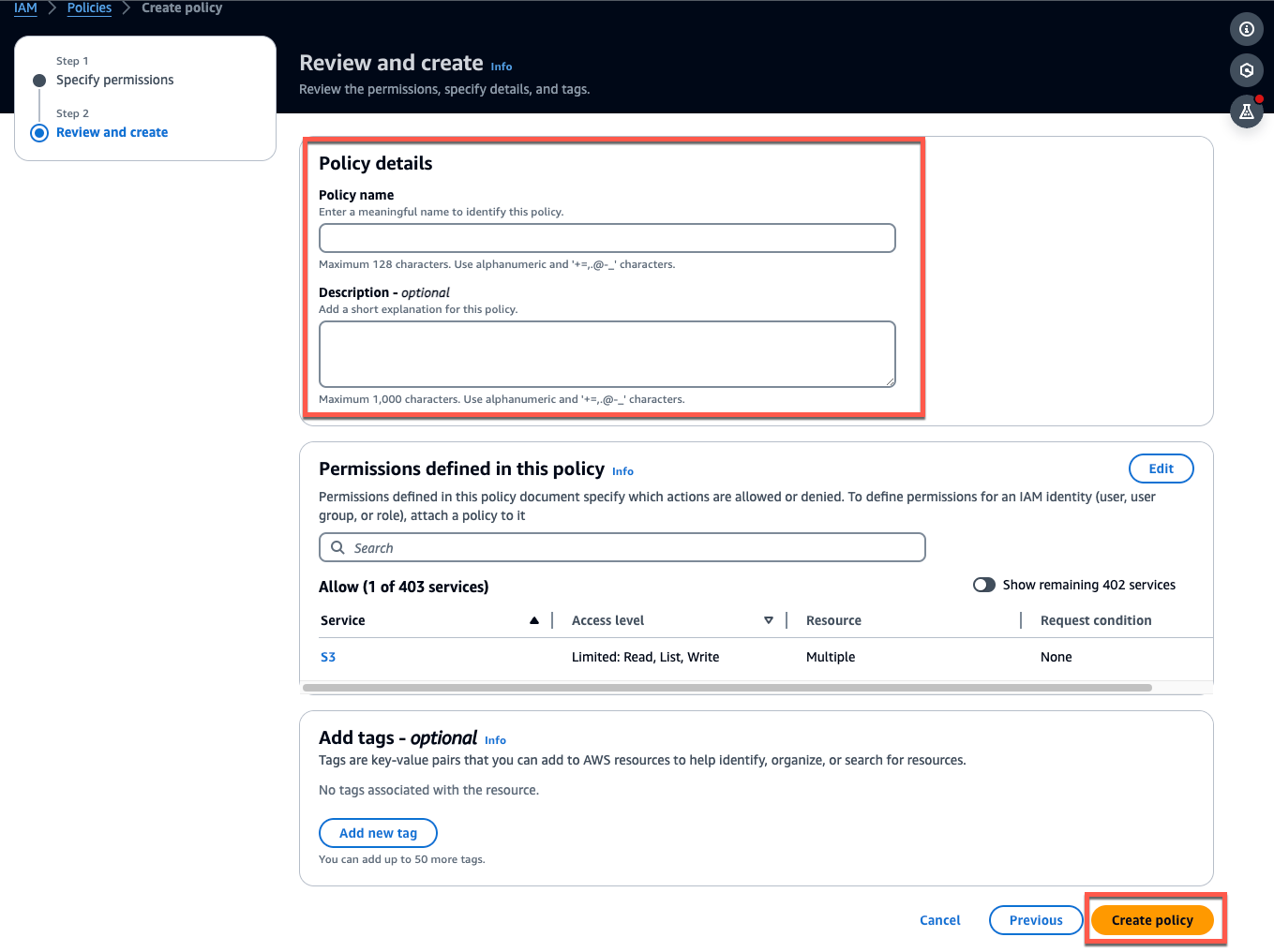 Policy creation interface showing policy details, permissions, and tags sections.