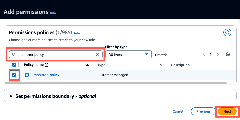 Add permissions interface showing search for "monitron-policy" with one matching result selected.