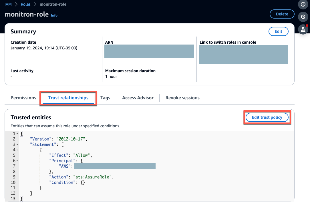 IAM role details page showing Trust relationships tab and Edit trust policy button.