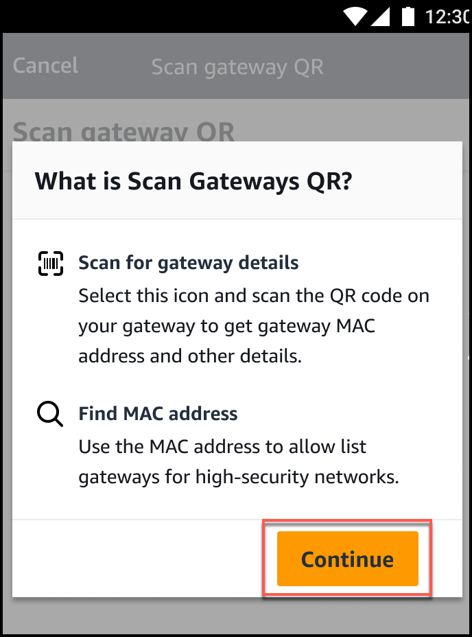 Explanation of Scan Gateways QR feature with options to scan for details or find MAC address.