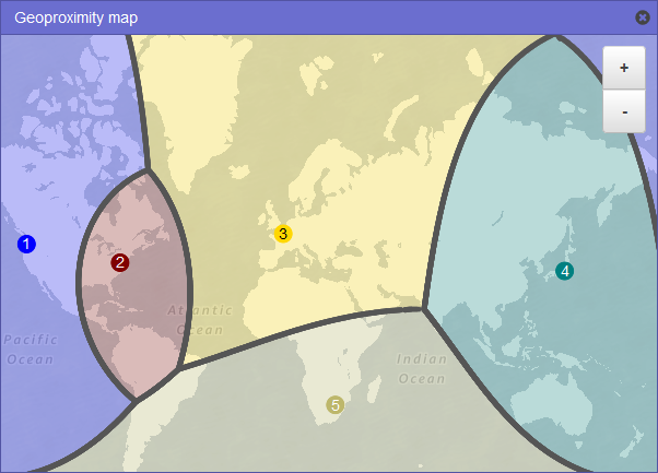 미국 동부(버지니아 북부) 리전에 25개 이하의 바이어스를 추가할 때 트래픽이 어떻게 라우팅되는지를 보여주는 세계 지도.