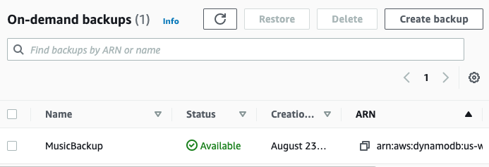 온디맨드 백업 콘솔 페이지 MusicBackup의 상태가 Available로 표시됩니다.