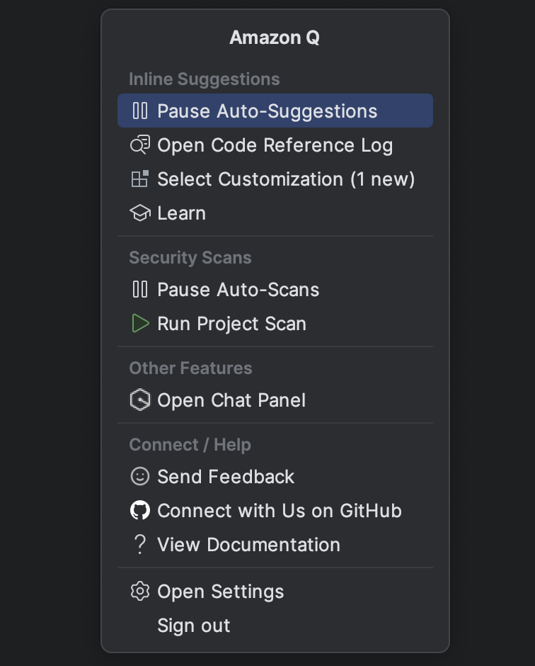 의 Amazon Q 작업 표시줄 JetBrains IDE.