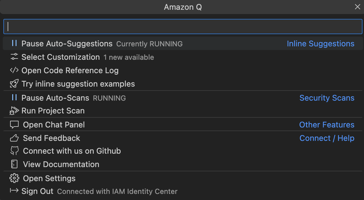 의 Amazon Q 작업 표시줄 VS Code.