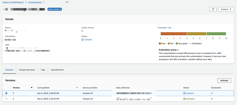 Amazon CodeWhisperer customization details page showing version history and evaluation score.