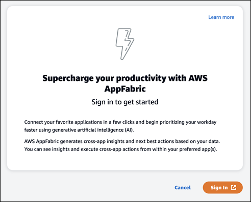 Sign-in prompt for AWS AppFabric, highlighting AI-powered productivity features.