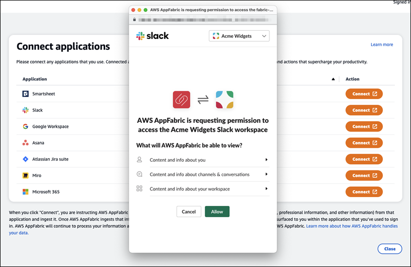 Dialog box requesting permission for AWS AppFabric to access Slack workspace data.