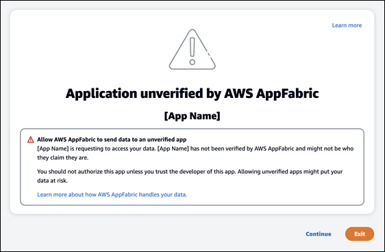 Warning message for an unverified application in AWS AppFabric, advising caution before authorization.