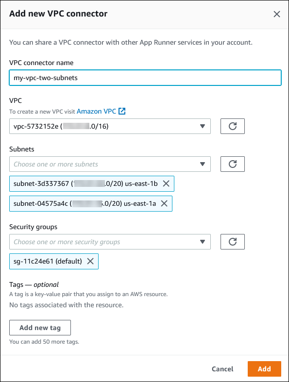 새 VPC 커넥터 추가 대화 상자를 보여주는 App Runner 콘솔