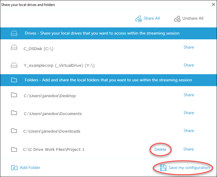 Dialog for sharing local drives and folders, with options to delete and save configuration.