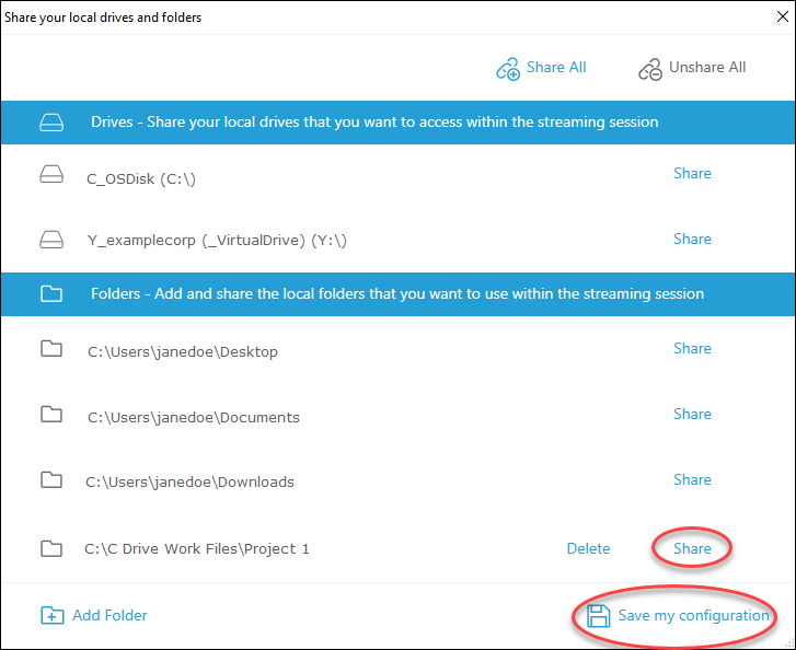 Dialog for sharing local drives and folders, with options to share specific drives and folders.