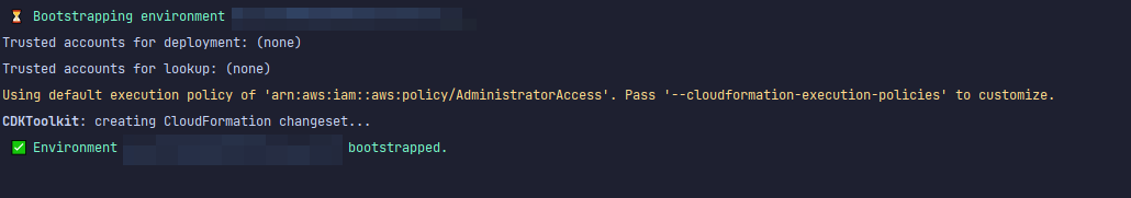 Terminal output showing successful bootstrapping of an AWS environment.