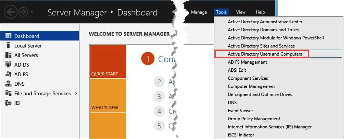 Tools(도구), Active Directory Users and Computers(Active Directory 사용자 및 컴퓨터)를 선택합니다.