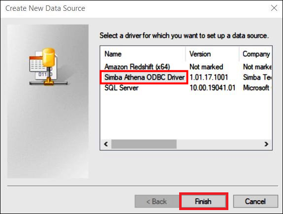 Simba Athena ODBC 드라이버(Simba Athena ODBC Driver)를 선택합니다.