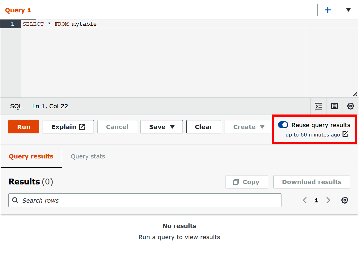 Athena 쿼리 편집기에서 Reuse query results(쿼리 결과 재사용)를 활성화합니다.