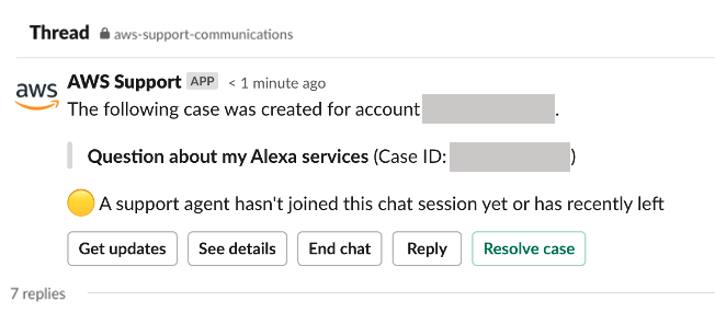 AWS Support chat interface showing a new case about Alexa services with no agent joined yet.