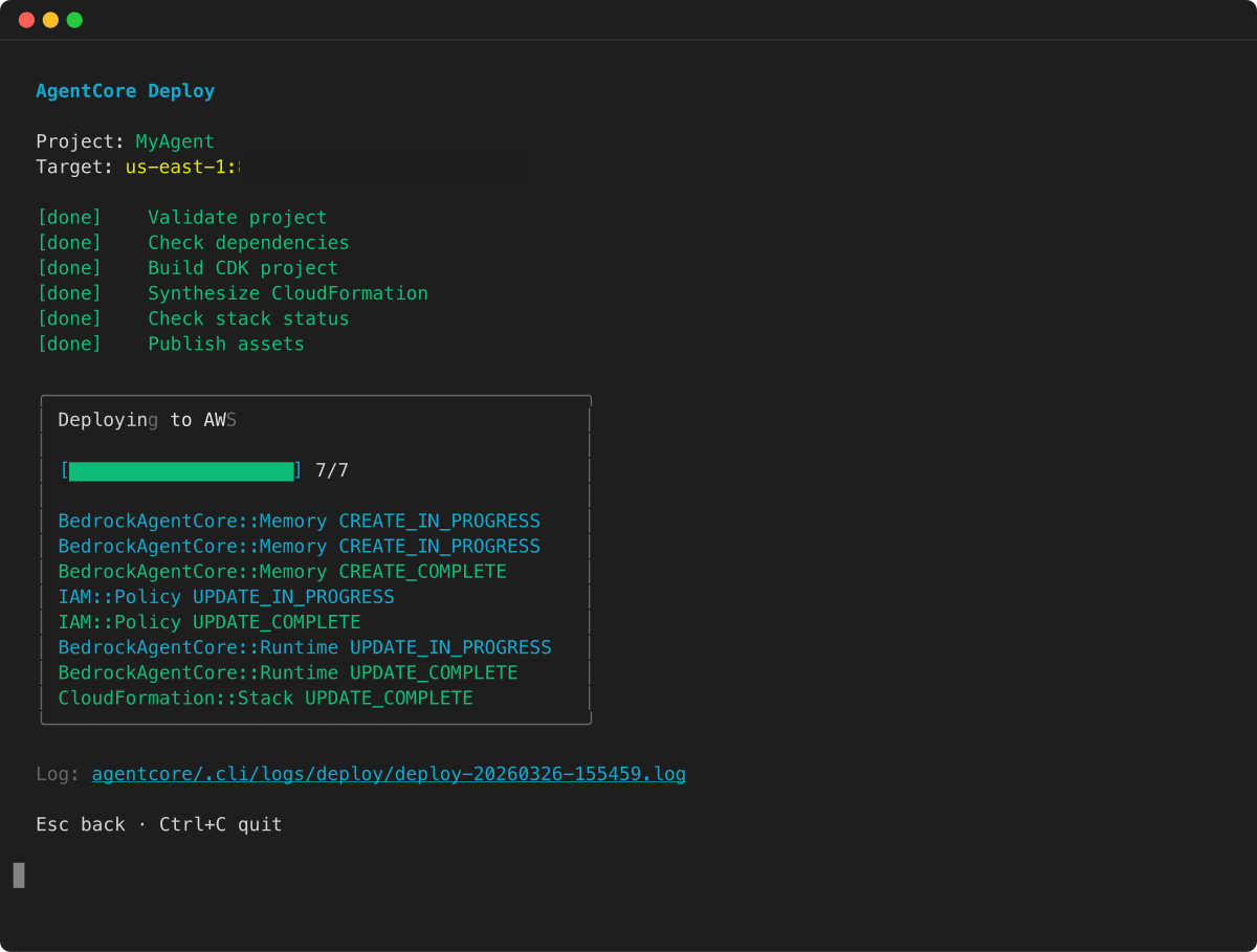 CloudFormation 스택 업데이트를 보여주는 AgentCore 배포 진행 상황