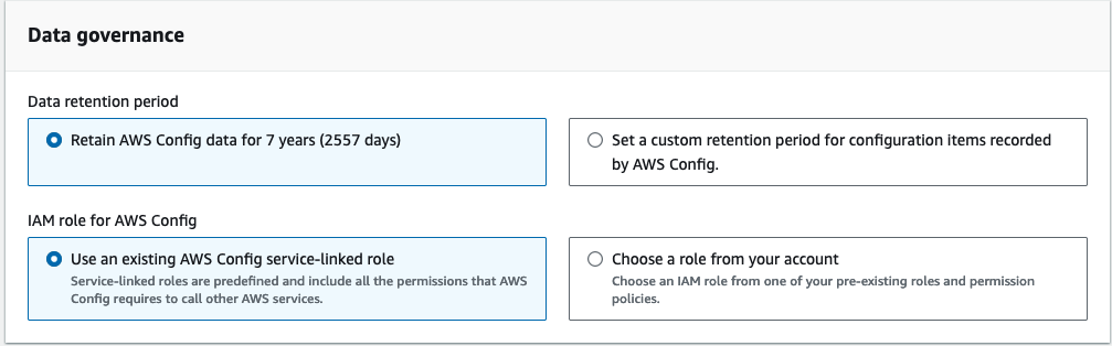 이미지는 AWS Config 콘솔 설정 편집 페이지의 스크린샷입니다. 여기에는 데이터 거버넌스와 관련된 정보 (데이터 보존 기간 및 IAM 역할) 가 포함됩니다. AWS Config