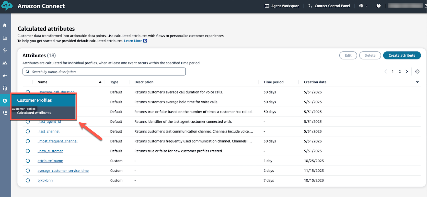 Amazon Connect 관리자 웹 사이트 탐색 창의 계산된 속성 옵션입니다.