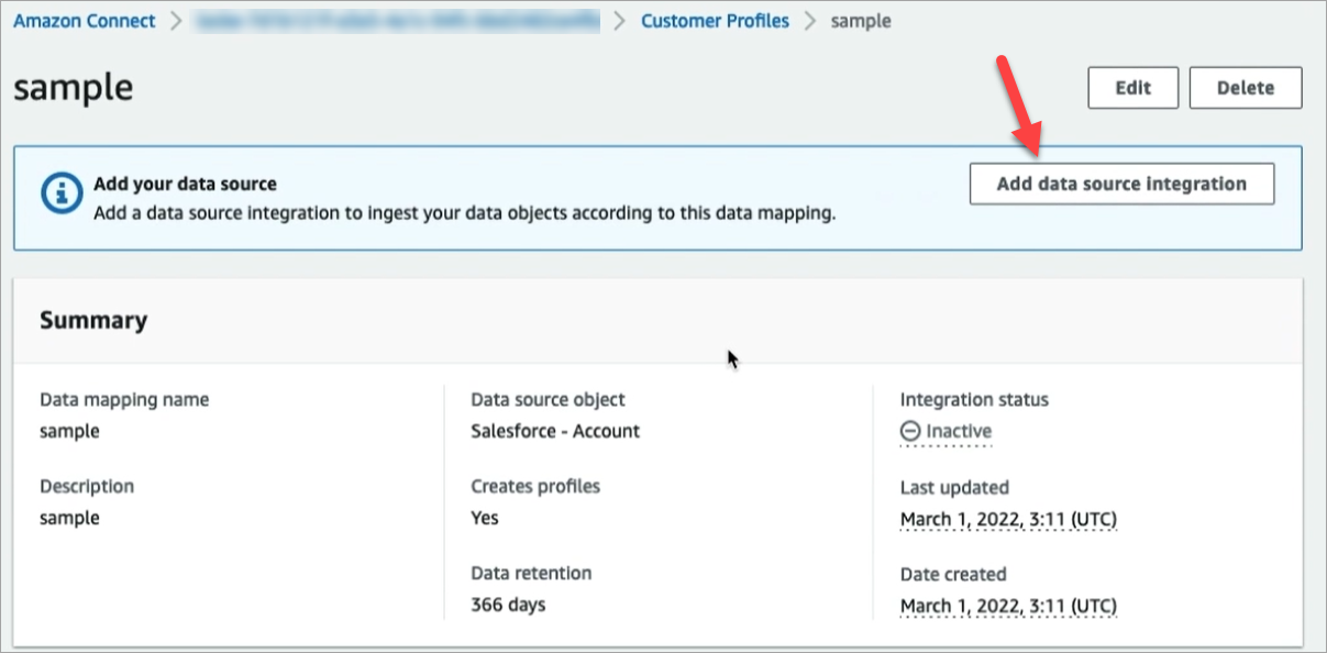 Amazon Connect Customer Profiles interface showing sample data mapping details and integration status.