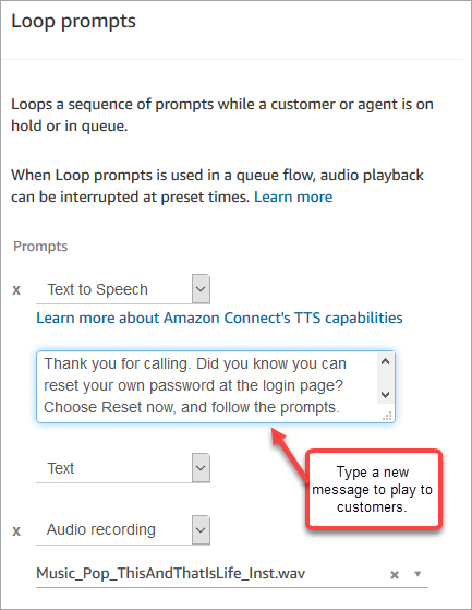 메시지로 text-to-speech 구성된 루프 프롬프트 블록입니다.