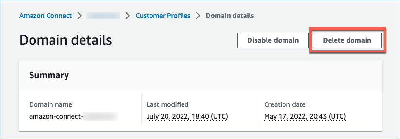 Amazon Connect Customer Profiles 도메인 삭제 페이지, 도메인 삭제 버튼.