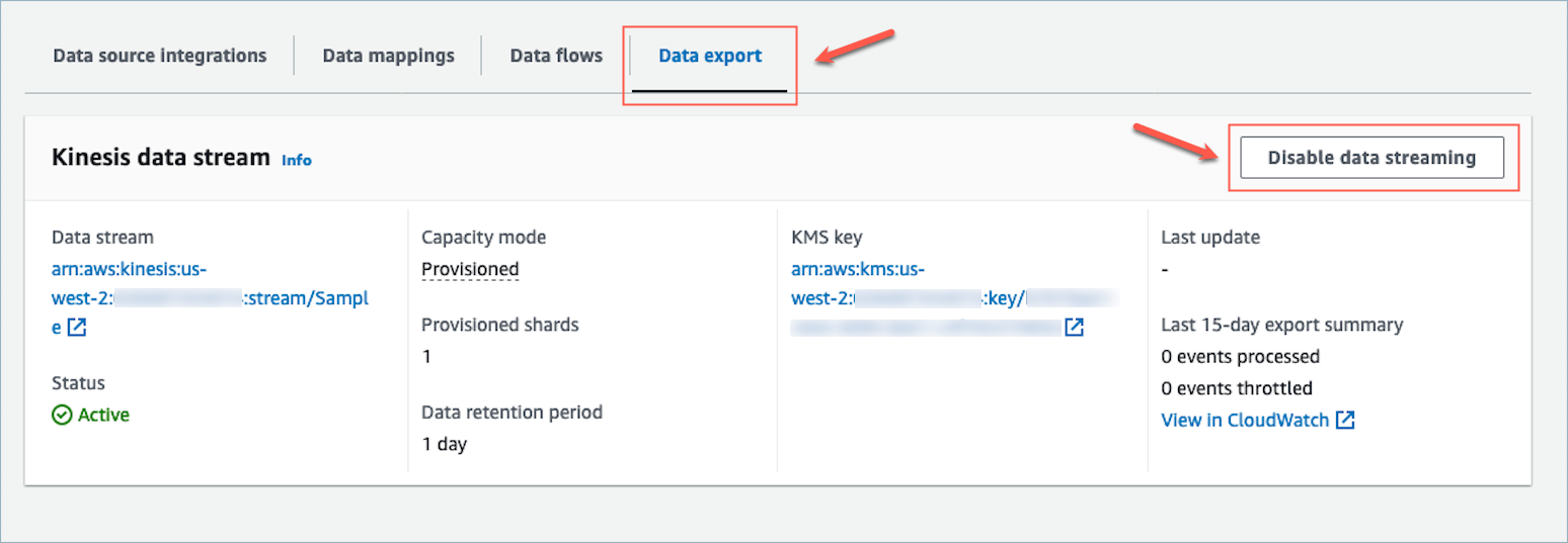 실시간 데이터 내보내기를 통해 Kinesis 데이터 스트림을 비활성화할 수 있습니다.