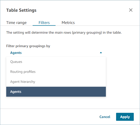 Table Settings dialog showing filter options for primary groupings, with Agents selected.