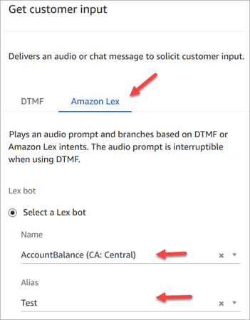고객 입력 가져오기 블록의 속성 페이지에 있는 Amazon Lex 탭.