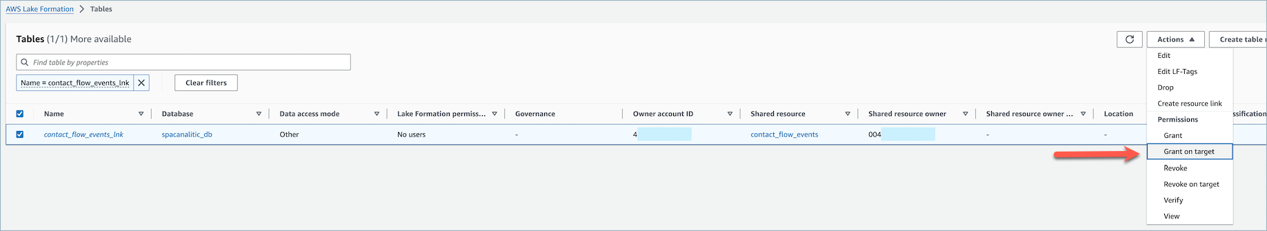 AWS Lake Formation 테이블 - 권한 부여