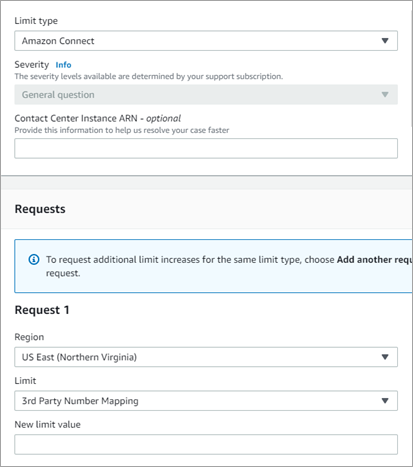 Form for requesting limit increases, showing fields for limit type and region selection.