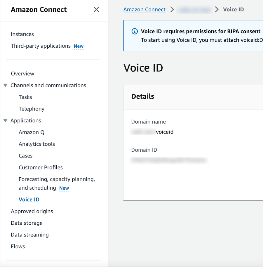 Amazon Connect 콘솔의 Voice ID 섹션, 도메인 ID.