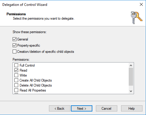 일반, 속성별 및 읽기를 선택한 다음 권한이 있는 Control Wizard 권한 위임 대화 상자입니다.